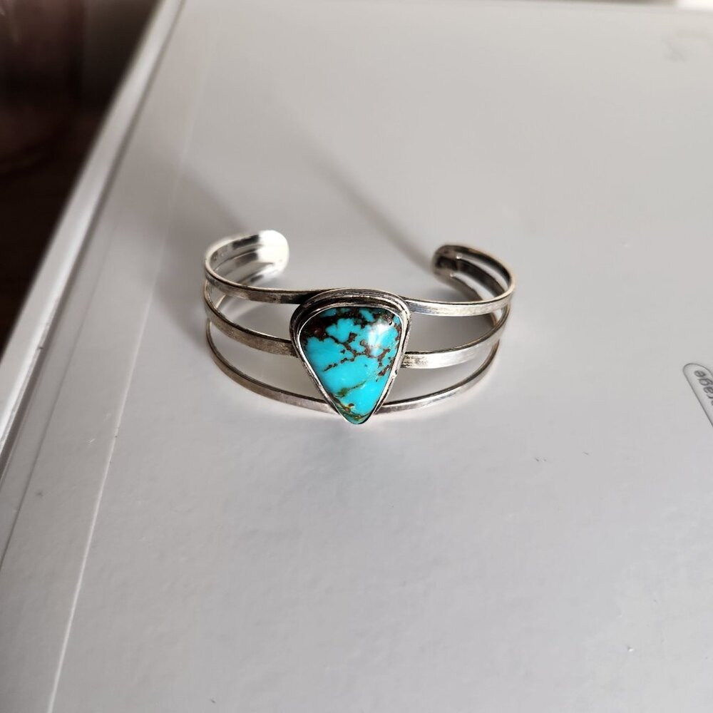 Navajo Old Pawn Sterling Silver Cuff Bracelet With Turquoise Stone